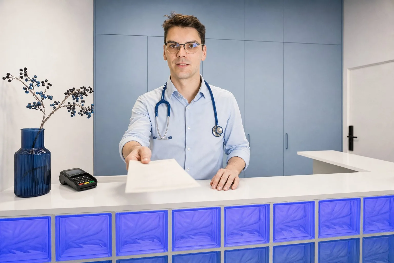 Lekarz rodzinny Balticmed przy rejestracji przychodni